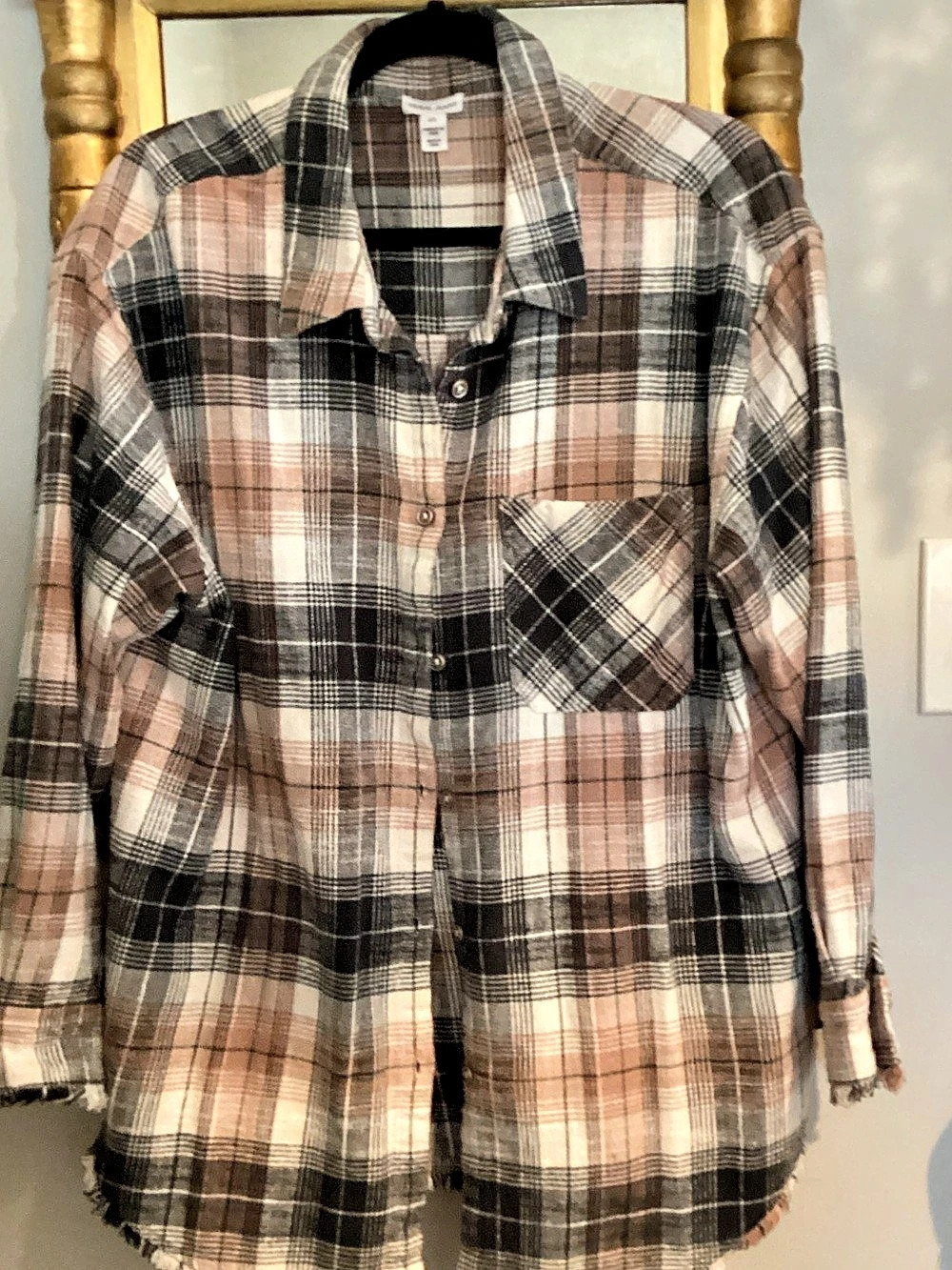 Tribal Jeans Plaid Flannel Shirt w/Fringe Hem Pink and Gray Large